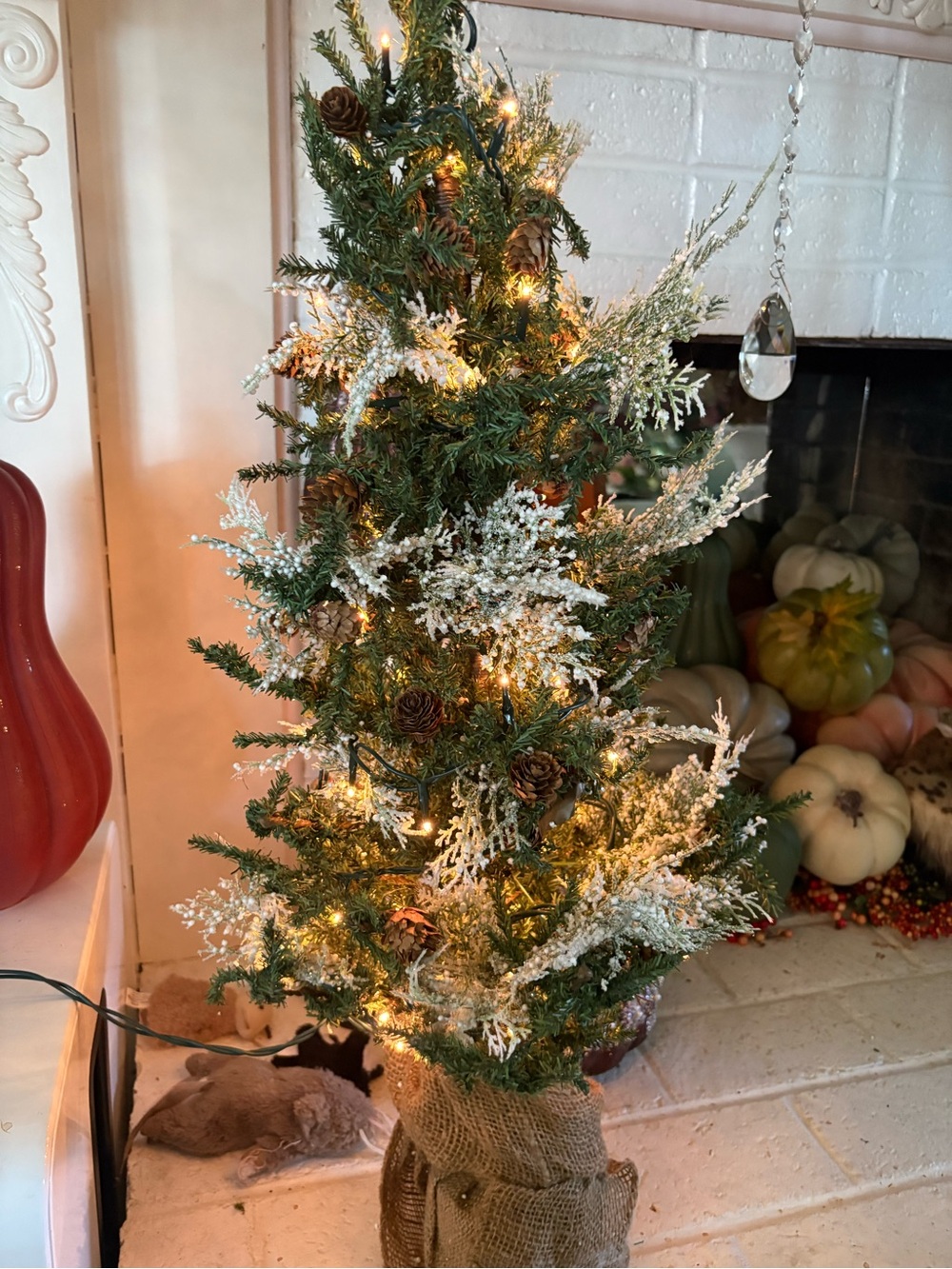 Artificial Snowy Pencil Christmas Tree with Burlap Base - Green